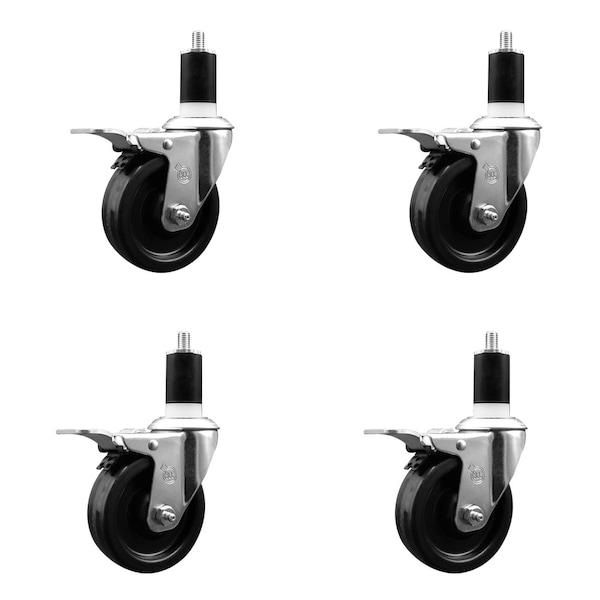 4'' Phenolic Swivel 1-1/2'' Expanding Stem Caster Set Total Lock Brake, 4PK